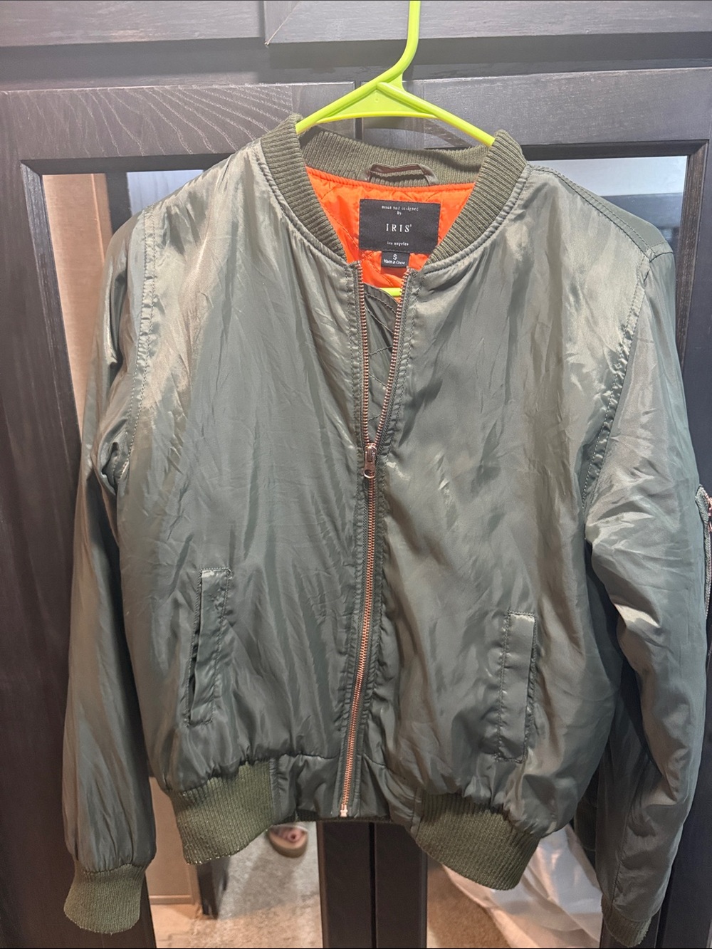 iris Olive Green Bomber Jacket with Orange Lining